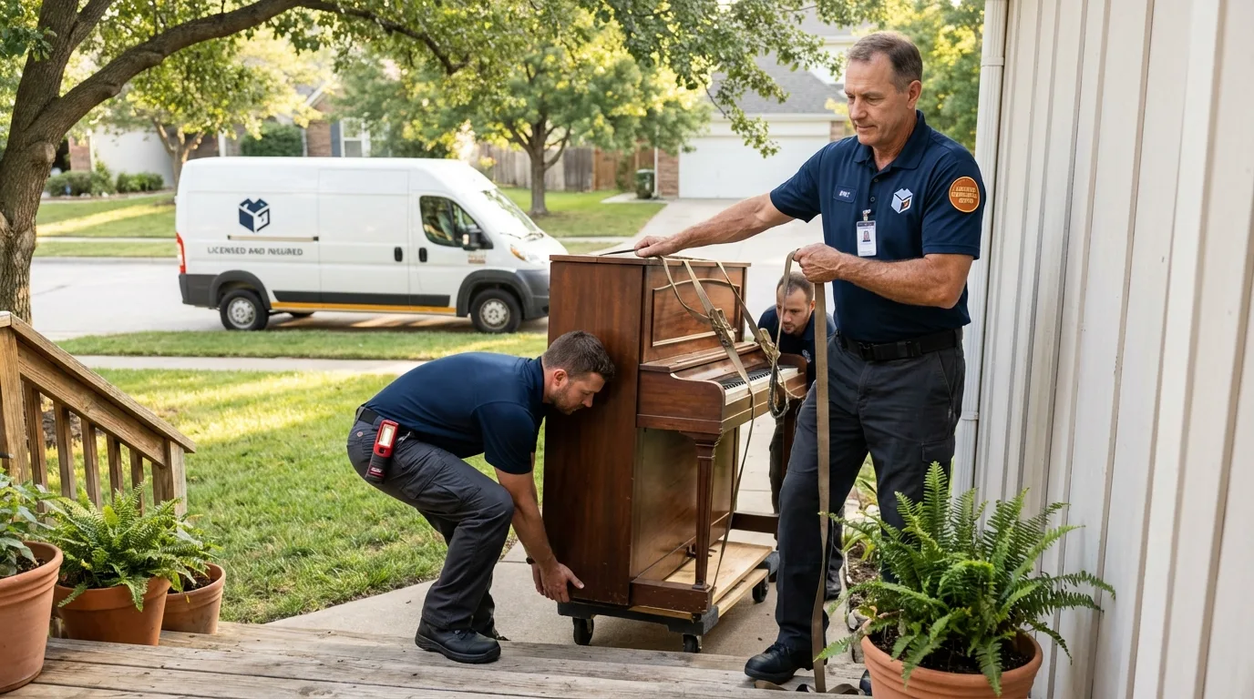 Licensed piano movers securing grand piano in Olney, IL