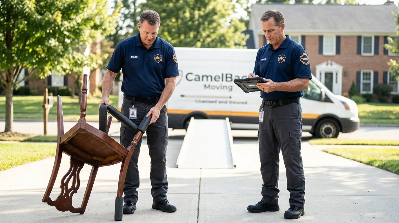 Movers inspecting furniture for damage prevention before loading in Olney, IL